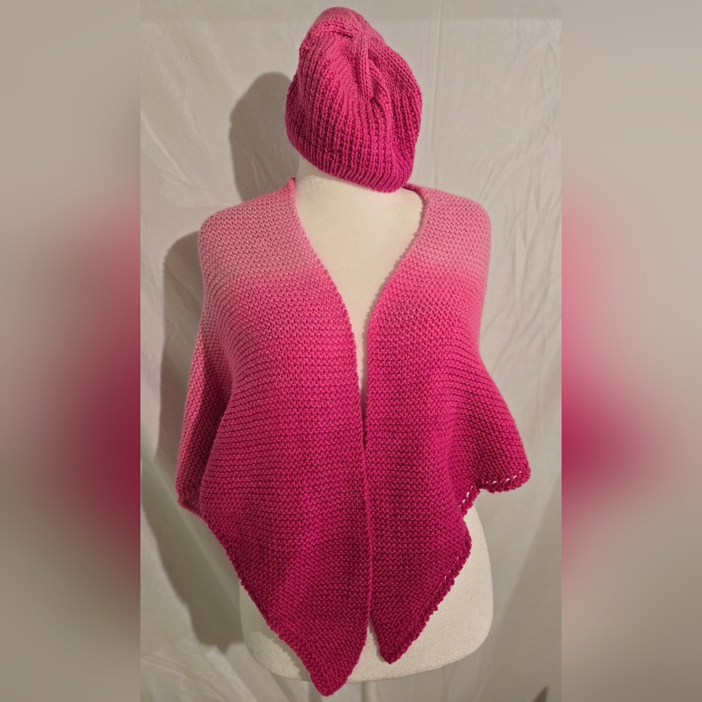 Homemade Shawl Pink Gradient Women's Sweater and Hat Set